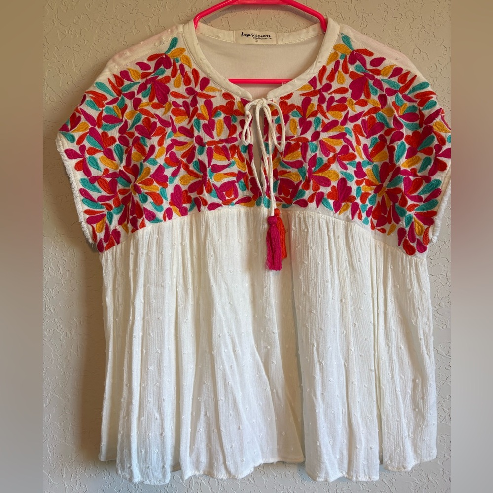 Impressions White Blouse with Multicolor Embroidery